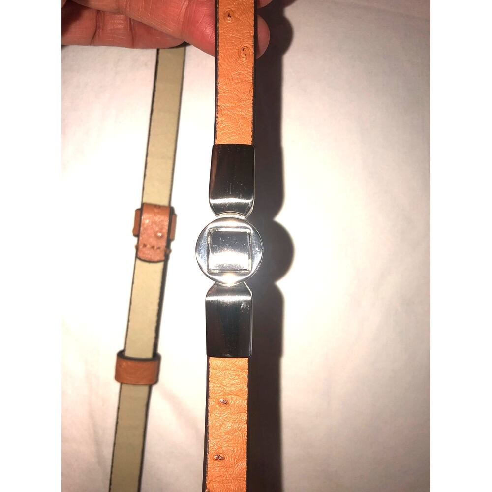 The Limited Skinny Belt Size S Ostrich Embossed Vegan Leather British Tan Silver